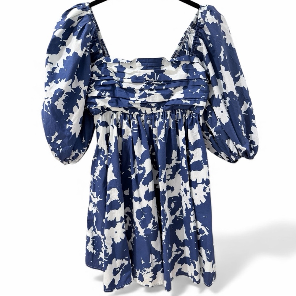 Abercrombie Emerson mini dress blue white floral puff sleeve